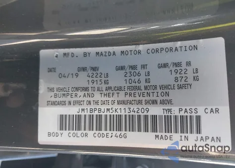 2019 Mazda Mazda3 z USA, uszkodzony, nr VIN JM1BPBJM5K1134209